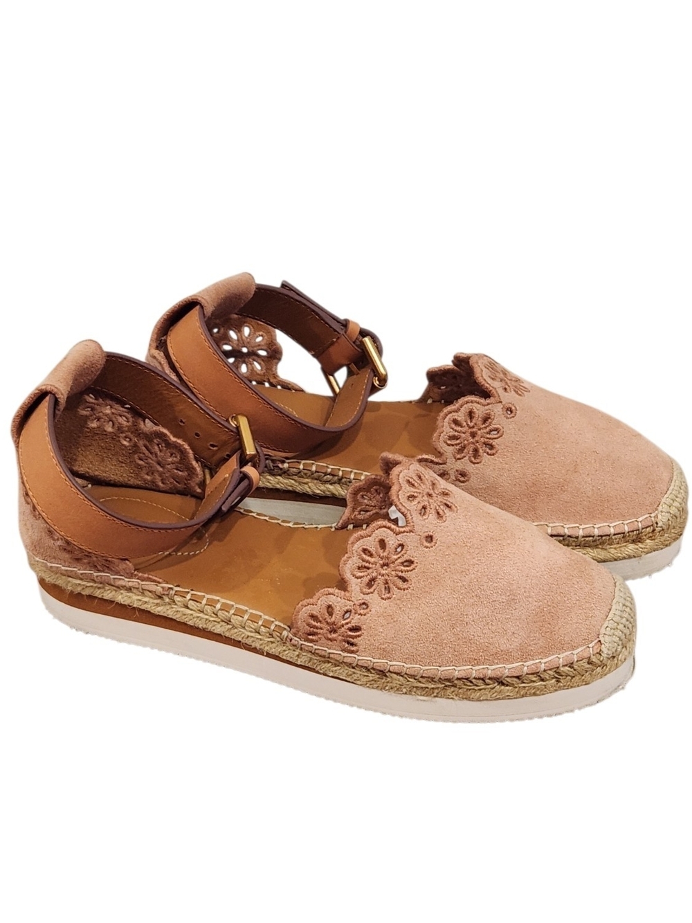 See By Chloe Glyn Natural Floral Scalloped Suede Ankle Strap Espadrille Womens 7